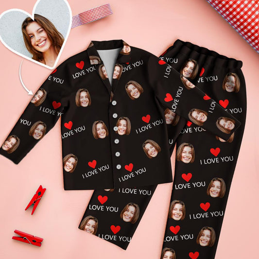 Custom Face Love You Pajamas Set Black Couple Sleepwear Long Sleeve Nightwear